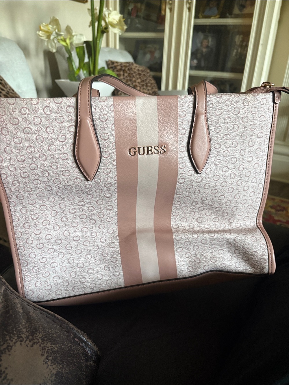 GUESS Pink and White Logo Stripe Tote